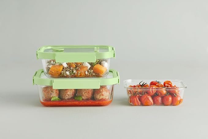 Lékué x3 Rectangular Glass Food Containers with Airtight Lids & Steam Valves - 3pc Set - Borosilicate Glass & 100% Platinum Silicone Dishes for Storage & Cooking - Microwave, Freezer & Dishwasher Safe - Image 6