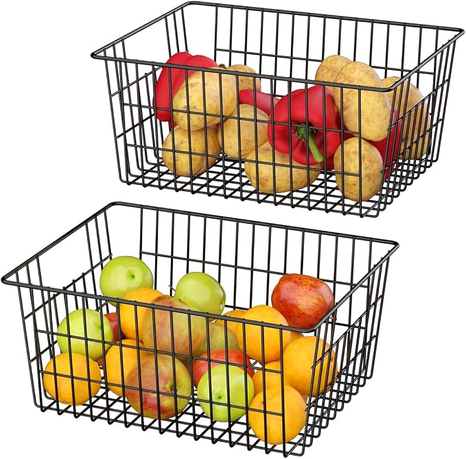 SANNO Large Freezer Baskets Metal Storage Organizer Bin Basket Wire Storage Basket for Kitchen Pantry Bathroom Large Metal Farmhouse Food Fruit Produce Organizer Bins,black,8 - Image 6