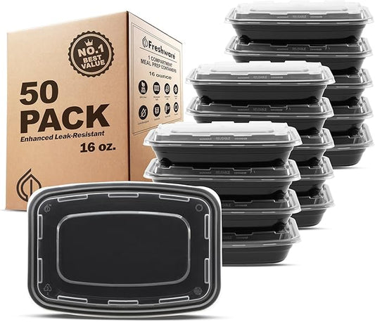 Freshware Meal Prep Containers [50 Pack] 1 Compartment Food Storage Containers with Lids, Bento Box, BPA Free, Stackable, Microwave/Dishwasher/Freezer Safe (16 oz) by Freshware