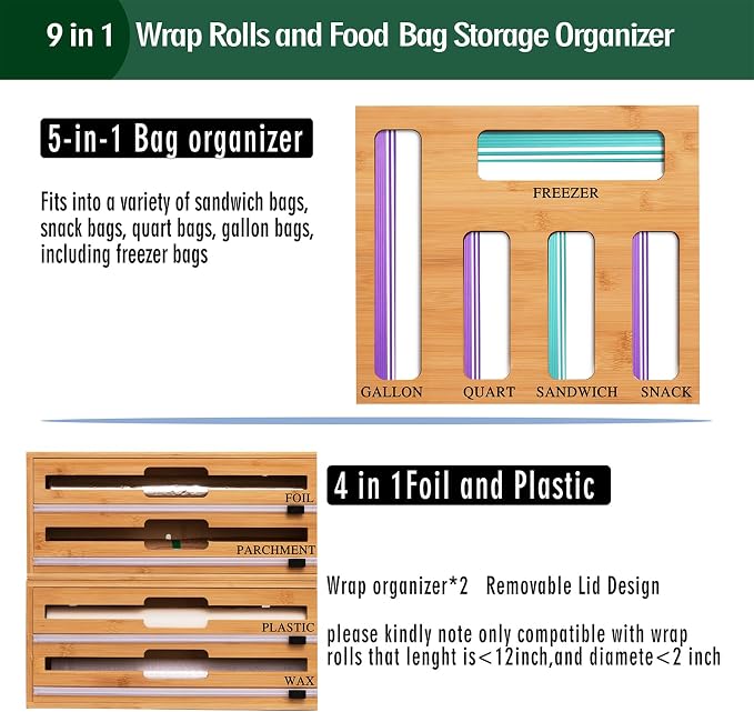 9 In 1 Storage Bag Organizer And Plastic Wrap Dispenser With Cutter, Bamboo Foil and Plastic Wrap Organizer - Image 4
