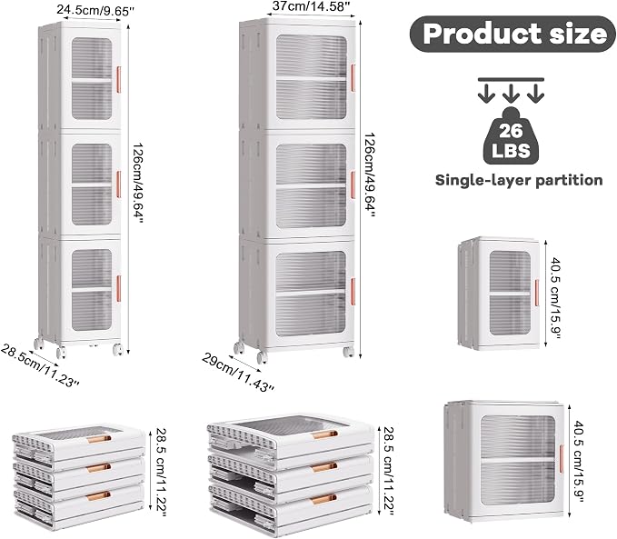 3-Tier Tall Narrow Plastic Storage Cabinet of 2, Foldable | Rolling Organizer with Lid,Doors,Stackable, Adjustable Shelves, Durable PP,Freestanding Bathroom Cabinet for Small Slim Space - Image 2