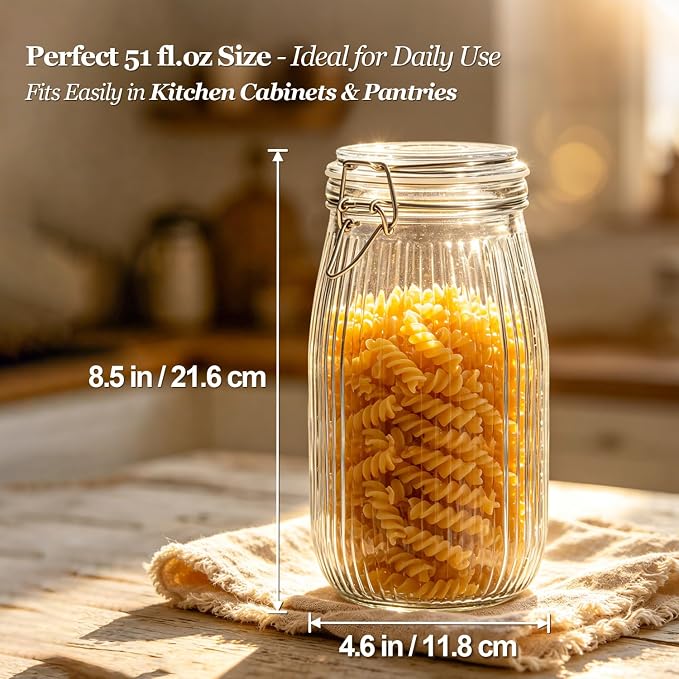 ComSaf Large Ribbed Glass Jars with Airtight Lids 51 oz 3 Pack Wide Mouth | Flour sugar coffee beans, Fermenting pickling, Farmhouse pantry decor, Countertop decor, Large capacity, Vintage Canisters - Image 3