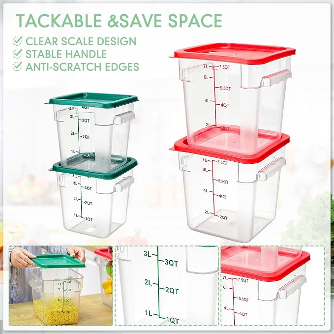 Lallisa 4 Pcs 8qt & 4qt Clear Food Storage Containers with Lids Handles and Scales, Stackable Plastic Square Food Storage Containers for Dough Proofing Baking Kitchen Restaurant(Red, Green) - Image 3