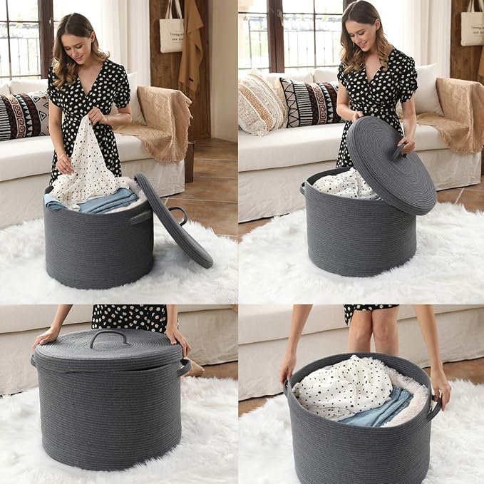 20x15 Inch Extra Large Round Cotton Rope Storage Basket with Lid, Decorative Woven Bin with Cover for Living Room Bedroom Closet, Dark Grey - Image 7