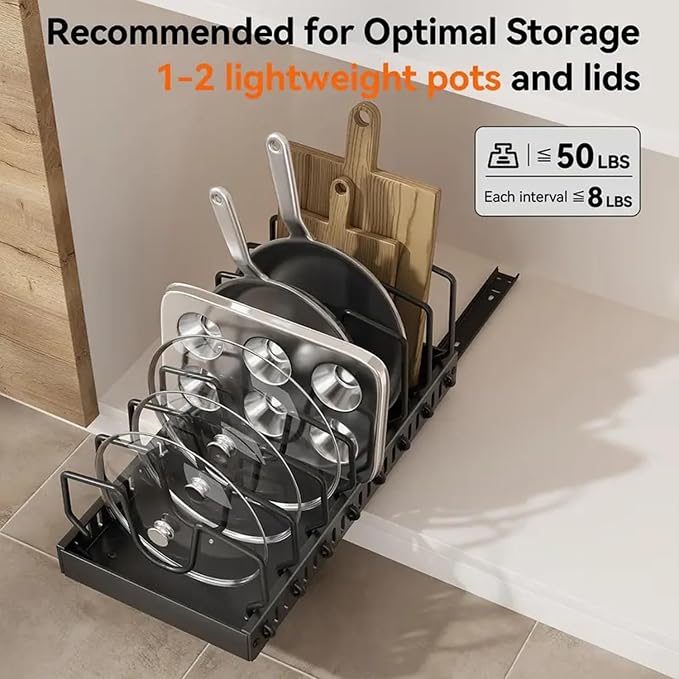 AmoiChic 2 Pack Pull Out Cabinet Organizer for Pots and Pans, Black Storage Rack with 8 Adjustable Dividers, Kitchen Cabinet Organizer for Pot Lids, Bakeware, Dishes Storage - Image 4