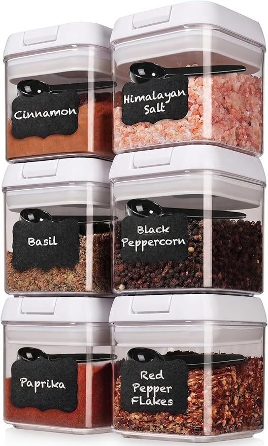 Shazo 6 PC Airtight Food Storage Containers + 6 Spoons Included - BPA Free Plastic Snack & Spice Containers with Easy Lock Lids - Kitchen and Pantry Organization for Herbs Coffee Tea - 0.5L / 2.1 Cup by Shazo