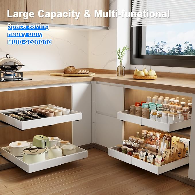 MUSTORN 2 Pack Pull Out Cabinet Organizer Expandable, 21"Deep Slide Out Drawer for Cabinets Adhesive Pull Out Drawers Heavy Duty Pull Out Shelves for Kitchen, Cupboard, Pantry, Bathroom(White) - Image 5
