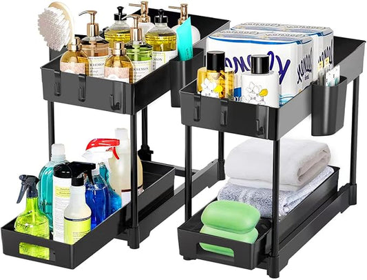 2 Pack Under Sink Organizer with Sliding Storage Drawer, 2 Tier Under Sink Organizers and Storage with 8 Hooks and 2 Hanging Cups, Multi-purpose Under Sink Storage for Kitchen Bathroom Cabinet, Black by Unknown