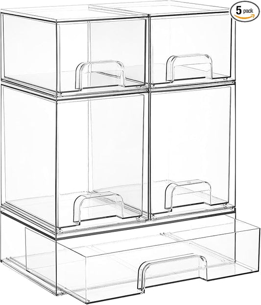Vtopmart Stackable Storage Drawers Set of 5, Clear Plastic Organizer Bins for Baby Bottle, Beauty Supplies Storage, Ideal for Kichen Countertop, Vanity, Bathroom, Cabinet, Pantry Organization by Vtopmart