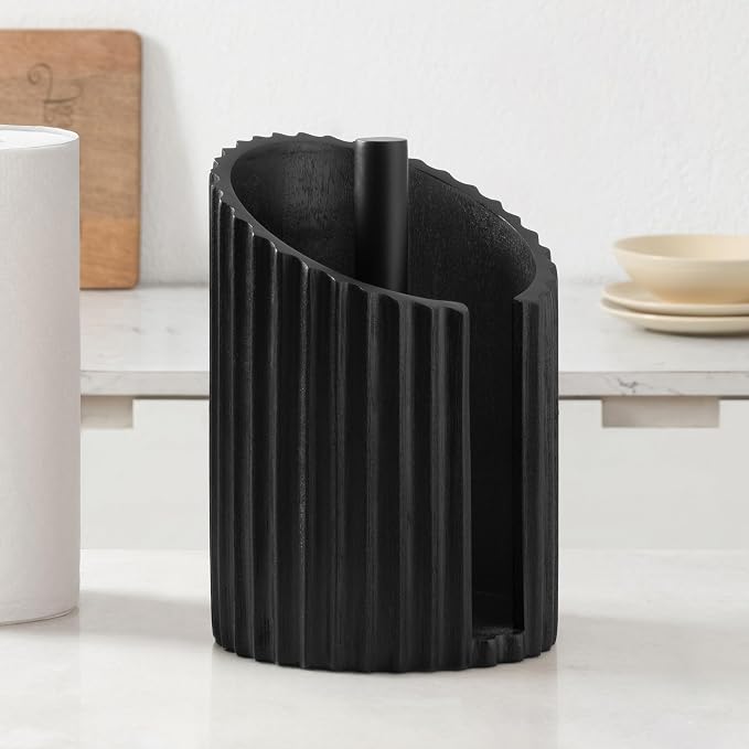 Anji Mountain Wooden Paper Towel Holder with Metal Holder, Holder Stand for Kitchen Roll Organizer & Kitchen Dining Table Home Décor, Countertop Fits Jumbo & Mega Rolls - Black/Black, Fluted by AnjiMountain