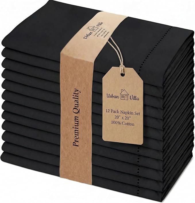 Urban Villa Hemstitch Cloth Dinner Napkins Cotton 20”x20” (Set of 12)-Black by CottonTrends