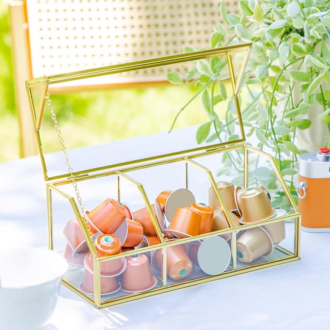 NCYP Glass Tea Bags Organizer with Lid, Small 3 Slots Teabag Storage Box, Indoor Counter Teabag Display Case, Kitchen Cabinet Gold Decor, 8.7 x 3.6 x 3.66 Inches (Glass Box Only) - Image 3