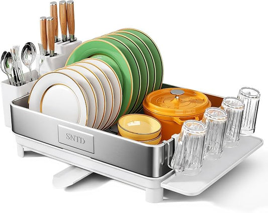 SNTD 304 Stainless Steel Dish Drying Rack for Small Kitchen Counter, White | Rustproof, Large Capacity, Heavy-Duty Frame, Rotating Spout, Angled Drainboard, Removable Cup & Utensil Holder by SNTD