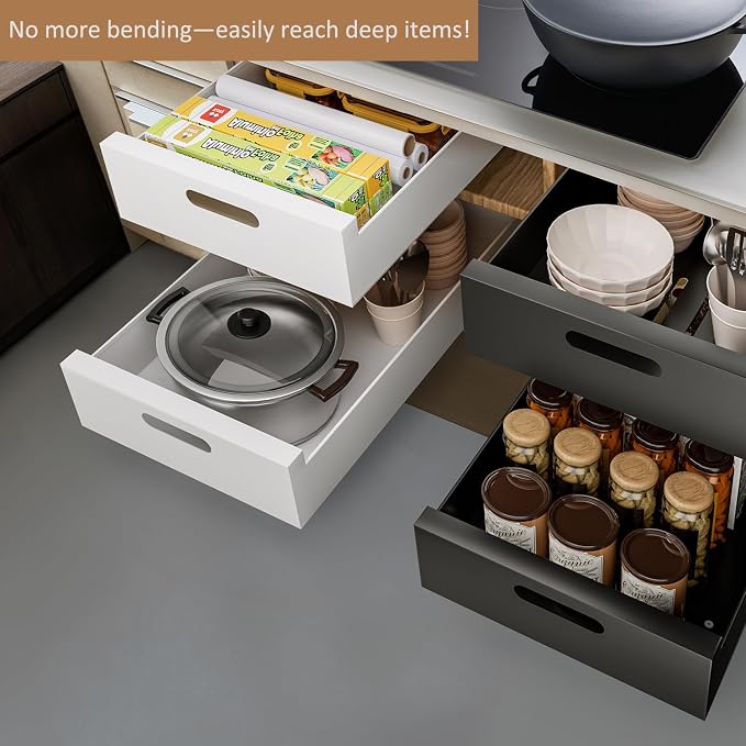 HBL' 1 Pack | 21" Deep Pull Out Cabinet Organizer Adhesive, 12-Inch Wide Sturdy Carbon Steel Roll-Out Drawers, Designed for Frameless Cabinets, Slide-Out Shelves for Pantry. - Image 6