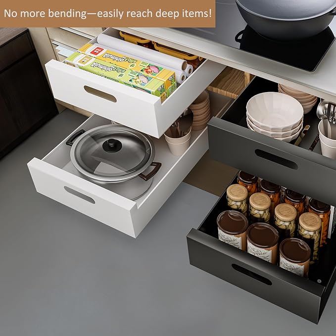 HBL' 2 Pack | 21" Deep Pull Out Cabinet Organizer Adhesive, 12-Inch Wide Sturdy Carbon Steel Roll-Out Drawers, Designed for Frameless Cabinets, Slide-Out Shelves for Pantry. - Image 6