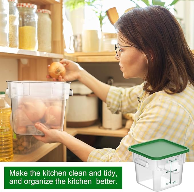 FoldTier 2 Pieces Square Food Storage Containers Polycarbonate Clear Food Container with Lid Commercial Food Storage with Graduations for Commercial Kitchen Dough Marinating Meat(Green, 6 Qt) - Image 5