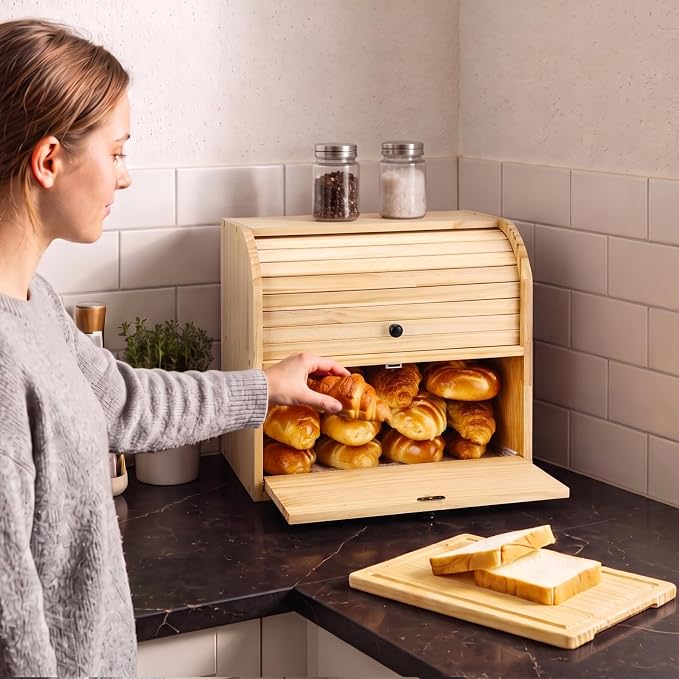 Alpeir Roll Top Bread Box with Cutting Board for Kitchen Countertop | Large Breadbox with Ventilation Holes, Double Layer Pantry Shelf, Wooden Homemade Bread Storage Container, Vintage Farmhouse - Image 2
