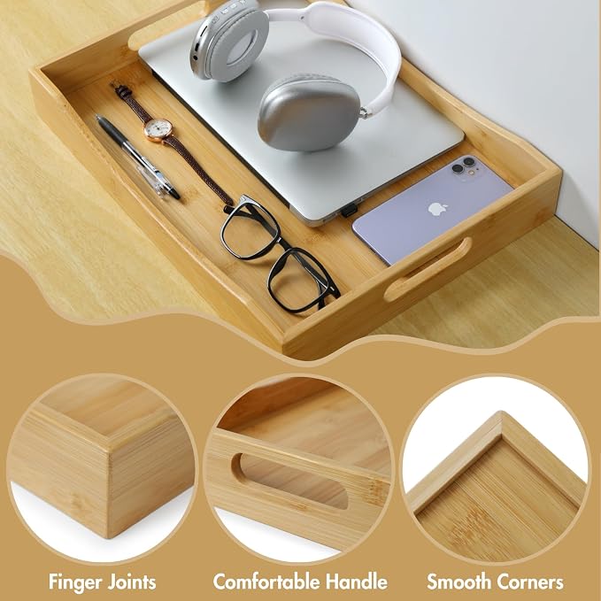 Gobam Bamboo Serving Tray with Handles (16.5-Inch), Solid Decorative Wood Tray for Ottoman Coffee Table, Natural Rectangle Breakfast in Bed Tray for Eating, Food and Drinks Platter - Image 3