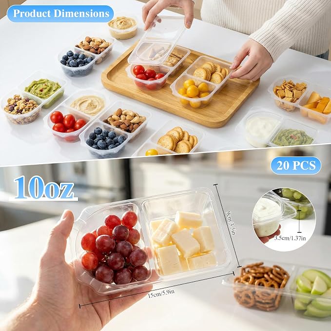 20 Pack Reusable Snack Containers with Lids - 10oz (285ml) 2-Compartment Divided Containers for School & Days Out - Image 2