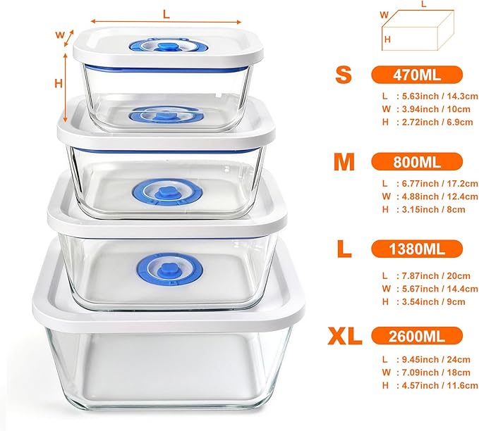 Vacuum Seal Borosilicate Glass Containers for Food Storage, 4 Sizes (S M L XL) Compatible with Desktop and Handheld Vacuum Sealer Machines, Airtight Lid Set - Image 4