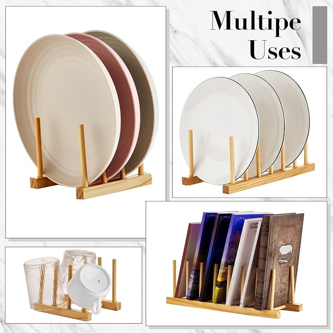 Zopeal 9 Pcs Bamboo Wooden Plate Racks Dish Rack Stand Holder 3/6/ 7 Slots Drainboard Drying Drainer Kitchen Cabinet Organizer for Dish Plate Bowl Cup Pot Lid Book - Image 6