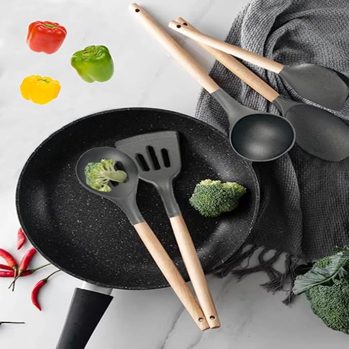 Non-Stick Silicone Cooking Utensils Set, 5 Pcs with Wooden Handle, Heat Resistant Silicone Kitchen Gadgets (Gray) - Image 7