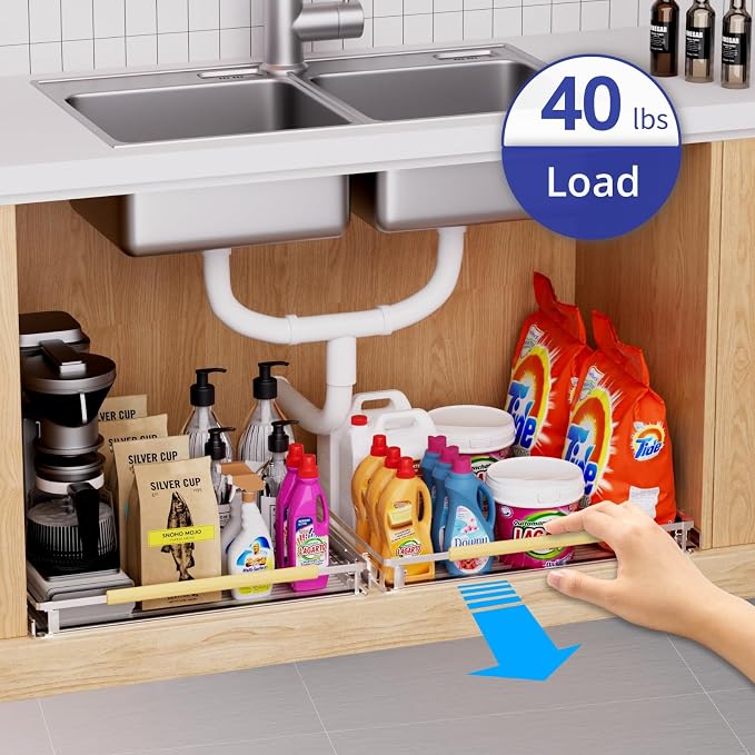 Expandable Pull Out Drawer Cabinet Organizer, Adjustable Width Bottom-Mounted Slide Out Storage Shelves for Cabinets, Required Cabinet Size (14.16"~24.36", D≥17.3"), 1 Pack, Stainless Steel - Image 7