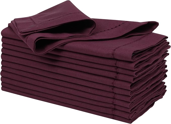 Ramanta Home Burgundy Cloth Dinner Napkin Set of 12-18x18 Inch | Cotton Linen Flax Hemstitched Napkins Washable for Everyday Use by RamantaHome