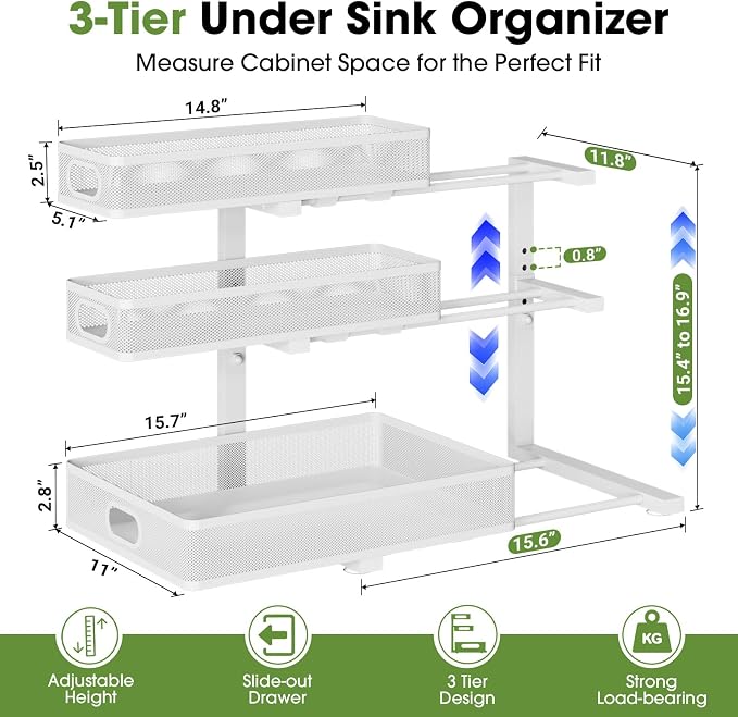 Under Sink Organizer 3 Tier, 2 Pack L-Shaped Pull-Out Cabinet Organizer with Sliding Metal Mesh Drawers, Height Adjustable Under Sink Storage Rack for Kitchen Bathroom Cabinet, White - Image 4