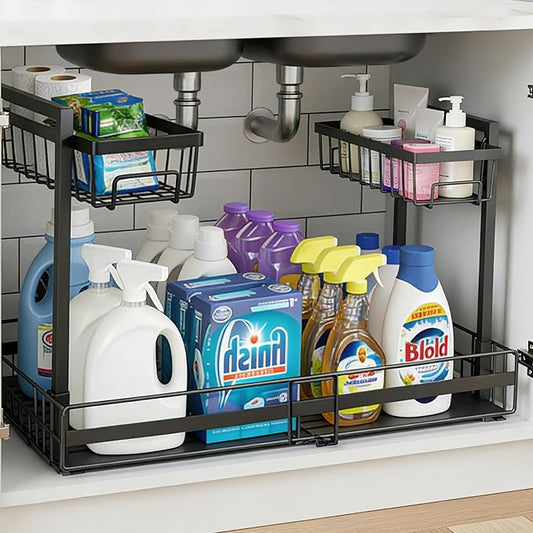Under Sink Organizer, 1 Pack 2-Tier Expandable Pull Out Storage with Ball-Bearing Slides, Height Adjustable for Kitchen Bathroom Cabinet, Black by Unknown