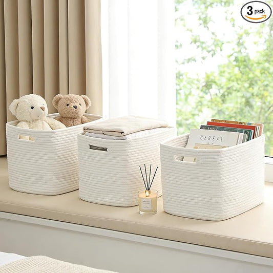 3 Pack Woven Baskets,Storage Baskets for Shelves with Handles | 13.5"×11"×9.5",Closet Baskets,Gift Basket,Nursery Organizer for Toys Towels Books,Storage Bin for Living Room Bedroom-White by HZFTJOY