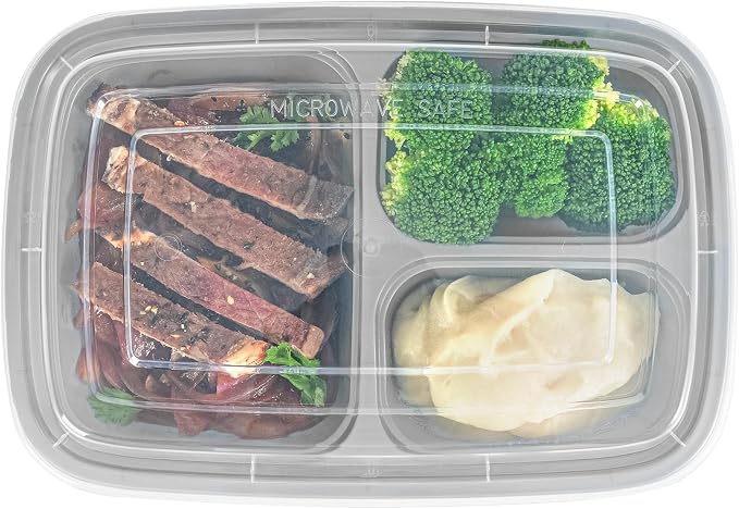 Asporto 26 Ounce Compartment Take Out Boxes, 100 Microwavable Meal Prep Containers - 3 Compartments, With Clear Plastic Lids, Silver Plastic Food Containers, Do Not Contain BPA - Restaurantware - Image 10