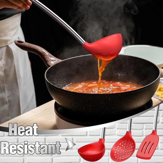 Kitchen Utensils Set- Umite Chef 34 PCs Cooking Utensils with Grater, Spoon Spatula, Heat Resistant Food Grade Silicone, Stainless Steel Handles Kitchen Gadgets Tools Set for Nonstick Cookware(Red) - Image 6