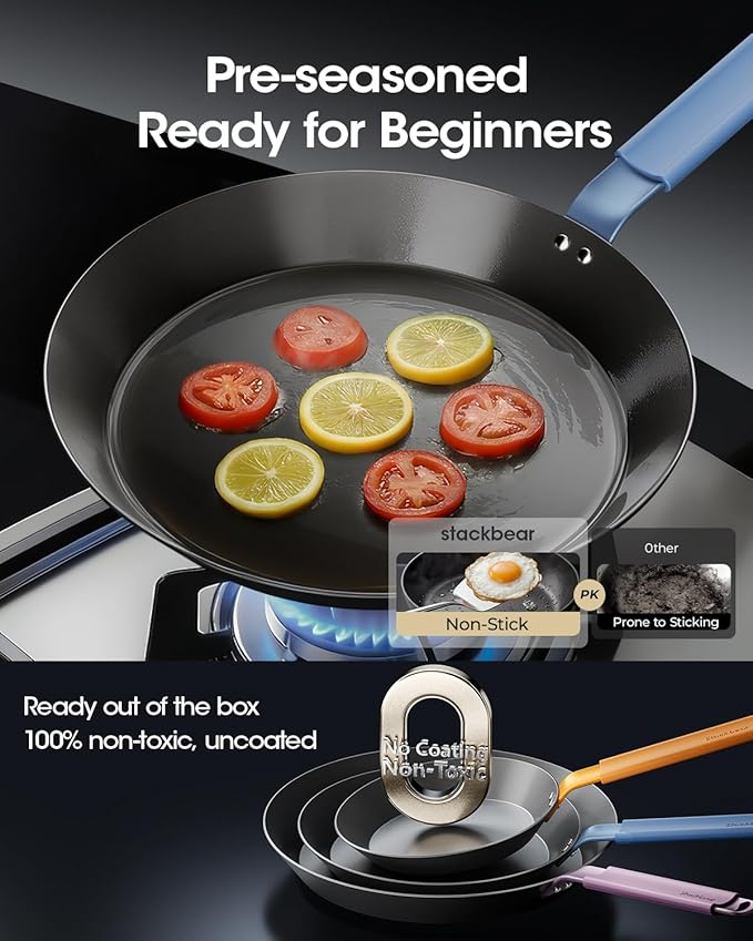 Carbon Steel Frying Pan Set, 8 & 10 Inch Nitrided Skillets | 2 Versatile Sizes for Everyday Meals; Natural Patina Builds Over Time without Chemical Coatings - Image 8