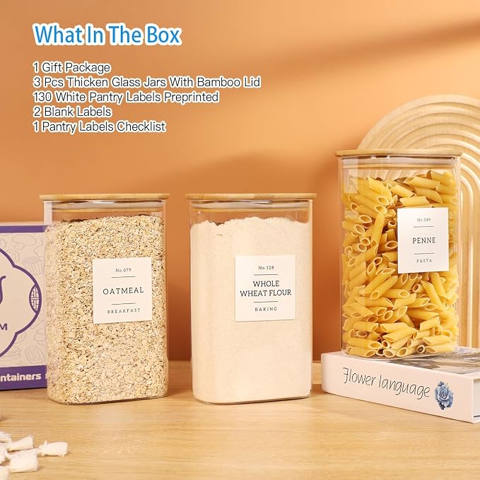 3 Pack Square Glass Pantry Storage Containers with 132 Kitchen Food Pantry Labels - 51 floz Clear Glass Pantry Jars with Airtight Wood Bamboo Lids - Glass Canisters for Candy, Cereal, Coffee, Spice - Image 2