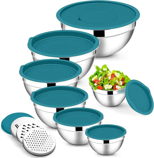 E-far Mixing Bowls with Lids Set, 7-Piece Stainless Steel Mixing Bowls with 3 Grater Attachments, Size 4.6, 3.5, 2.6, 2, 1.5, 1, 0.7QT, Metal Nesting Bowls & Blue Airtight Lids, For Baking/Cooking by E-far