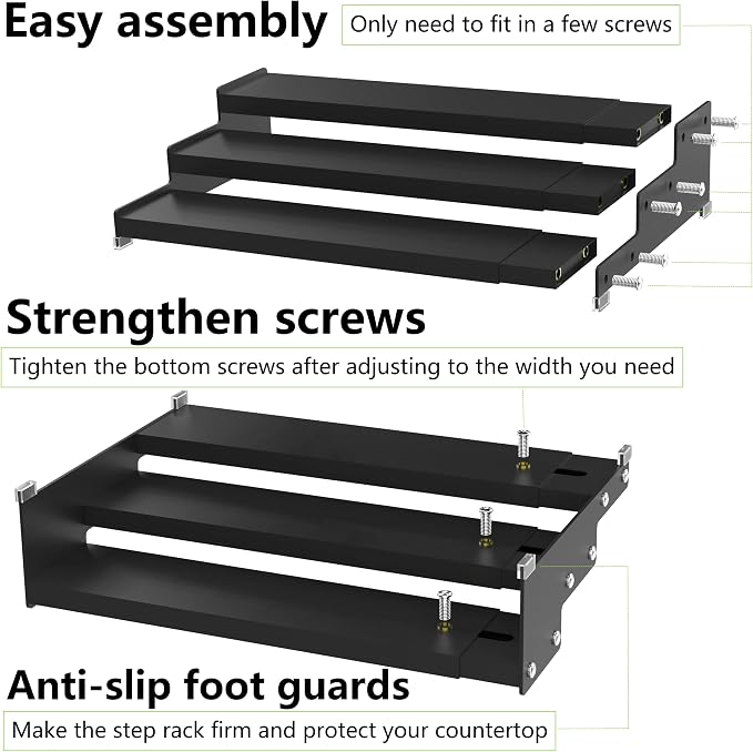 Jojocross Spice Rack Organizer 3 Tier Expandable Display Shelf(12.8"-24.01" W) Non-Skid Heavy Duty Sturdy Metal Iron Alloy Steel Step Racks 2 Packs/Black - Image 6