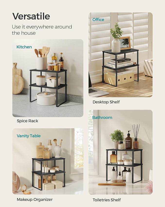 SONGMICS Cabinet Organizer Shelf, Set of 2 Kitchen Counter Shelves, Kitchen Storage, Spice Rack, Stackable, Expandable, Metal and Engineered Wood, 11.7 Inches, Ink Black and Charcoal Black UKCS02B01 - Image 5