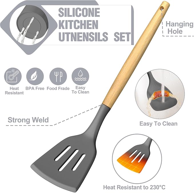Umite Chef Silicone Kitchen Utensil Set, 34PCS Heat Resistant Kitchen Gadgets and Tools With Grater, Wood Handles for Nonstick Cookware (Dark Gray) - Image 7