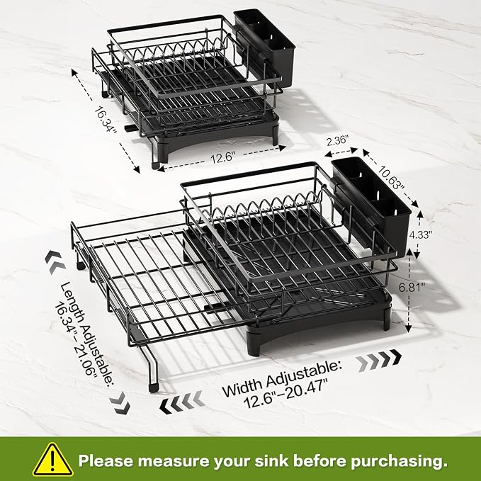 Expandable Over Sink Dish Drying Rack (12.6"-20.5"), Rustproof Metal Dish Drainer with Auto-Draining Tray & Utensil Holder, Large Capacity Sink Organizer for Kitchen Counter, Fits Most Sinks - Black - Image 2