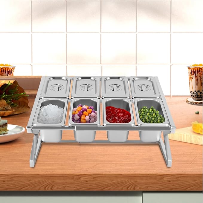 Expandable Stainless Steel Spice Rack Set ,13.98"-25.59" Adjustable Countertop Seasoning Containers, 2-Tier Inclined Organizer Shelf w/ 8 1/9 Pans for Sauce Ingredients Fruits Toppings (8 Pans) - Image 2
