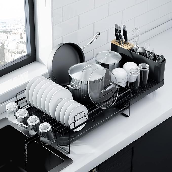 Kitsure Extendable Dish Drying Rack, 19.2"-26.7" L x 12.9" W, Black | Large Dish Rack, Multifunctional Dish Rack for Kitchen Counter, Anti-Rust Dish Drainers with Cutlery & Cup Holders by Kitsure