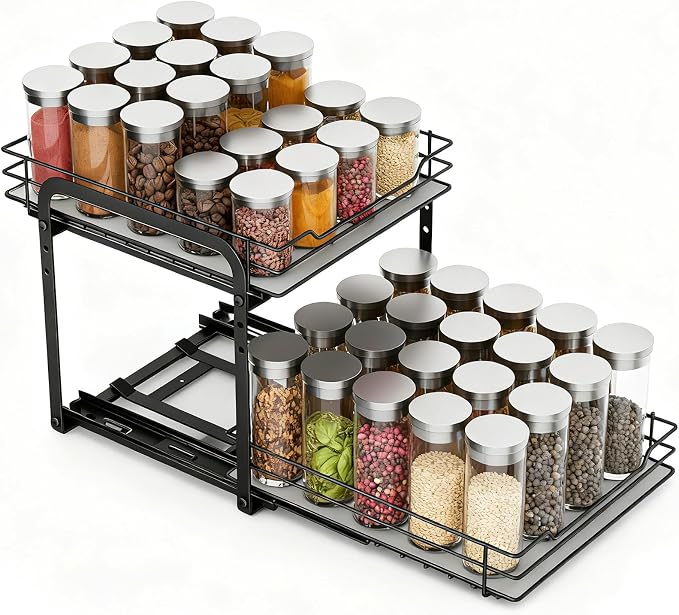 Extendable Spice Rack, 2 Levels, Spice Racks, Cabinet Organiser, Kitchen, Kitchen Cabinet Organiser, Extendable, Spice Rack, Height Adjustable, Standing Worktop Spice Rack for Kitchen Cabinets by logei