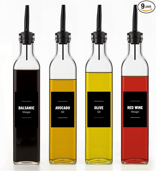 Olive Oil & Vinegar Dispenser Bottle Set with Stainless Steel Pourer, Funnel & Labels - Glass Kitchen Oil Cruet - Dispenser Bottle for Coffee Syrup, Soy Sauce, Cooking Sauces & More - 500ml - Set of 4 by Unknown