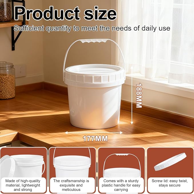 6 Pack 1 Gallon Plastic Buckets with Screw Lids & Handle, Food Grade Storage Containers for Kitchen, Freezer - Reusable White Plastic Bucket Set (White, 6pack 1Gal) - Image 3
