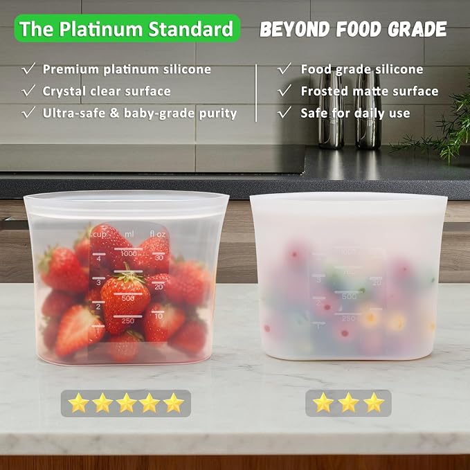 Premium Silicone Reusable Storage Bags, Large-Size Set, 8 Pack, 100% Platinum Silicone Food Storage Bag Stand-Up Wide-Mouth Zip-Lock, Microwave Dishwasher Freezer Safe, 4 XL + 4 L, Crystal-Clear - Image 6