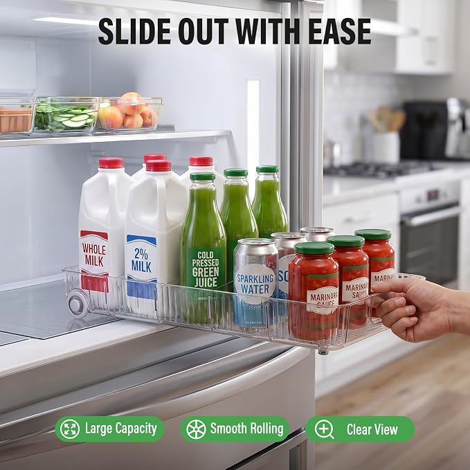 Fridge Organizer Bins with Wheels, Pull Out Fridge Organizer, Adjustable Dividers and Easy Pull Handles, Clear Plastic, 2-Pack, Suitable for Kitchen, Pantry and Cabinet Deep Shelves - Image 2