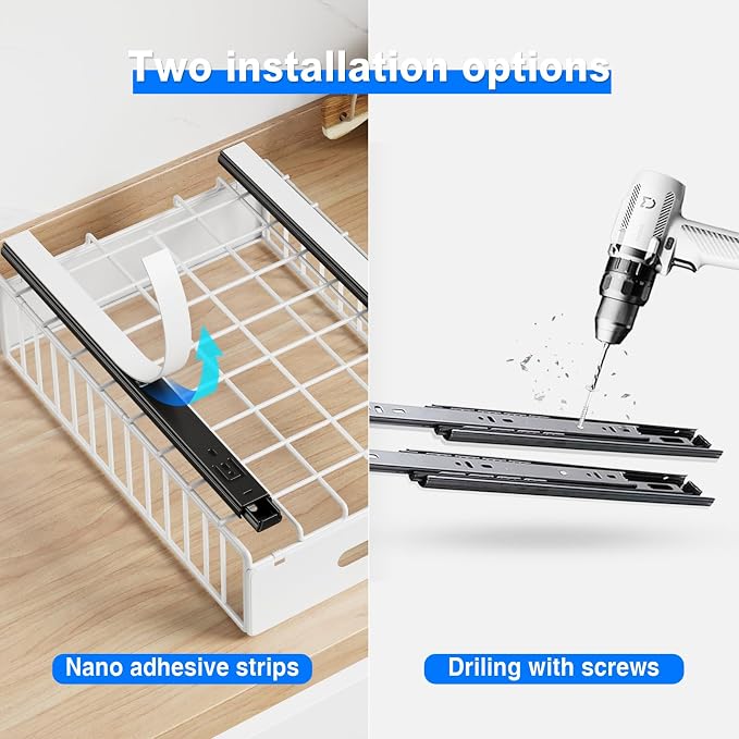 MUSTORN 2 Pack Pull Out Cabinet Organizer, Slide Out Cabinet Drawers Peel and Stick Pull Out Drawers Heavy Duty Pull Out Shelf for Kitchen, Cupboard, Pantry, Bathroom (16.5" D*11.8" W*3.94" H-White) - Image 6