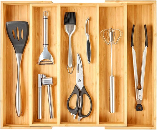 Expandable Kitchen Drawer Organizer, 2.5" High Bamboo Utensils Silverware Tray, Adjustable Large Deep Wood Organization Holder by Umilife