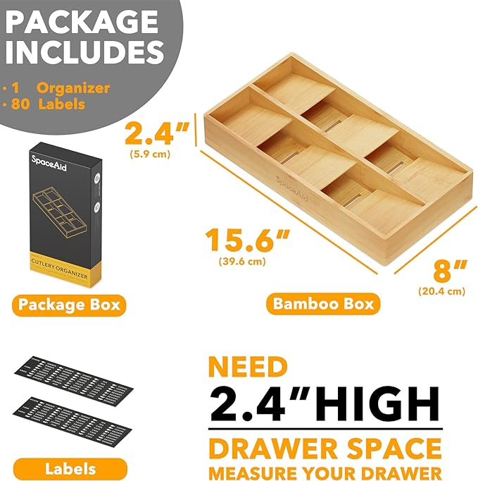 SpaceAid Bamboo Silverware Drawer Organizer with Labels, Kitchen Utensil Tray Holder Organizer for Flatware, Cutlery, Spoon and Knives Drawer Storage Organization (Natural, 6 Slots) - Image 4